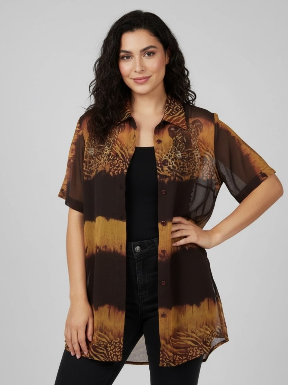 KLOZ LYNE Short Sleeve Women Shirts  Sheer Sz M Brown/Black Animal Print Classic
